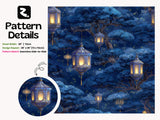 Blue Asian Lantern Peel Stick Wallpaper: Moody Celestial Night Forest Wall Mural