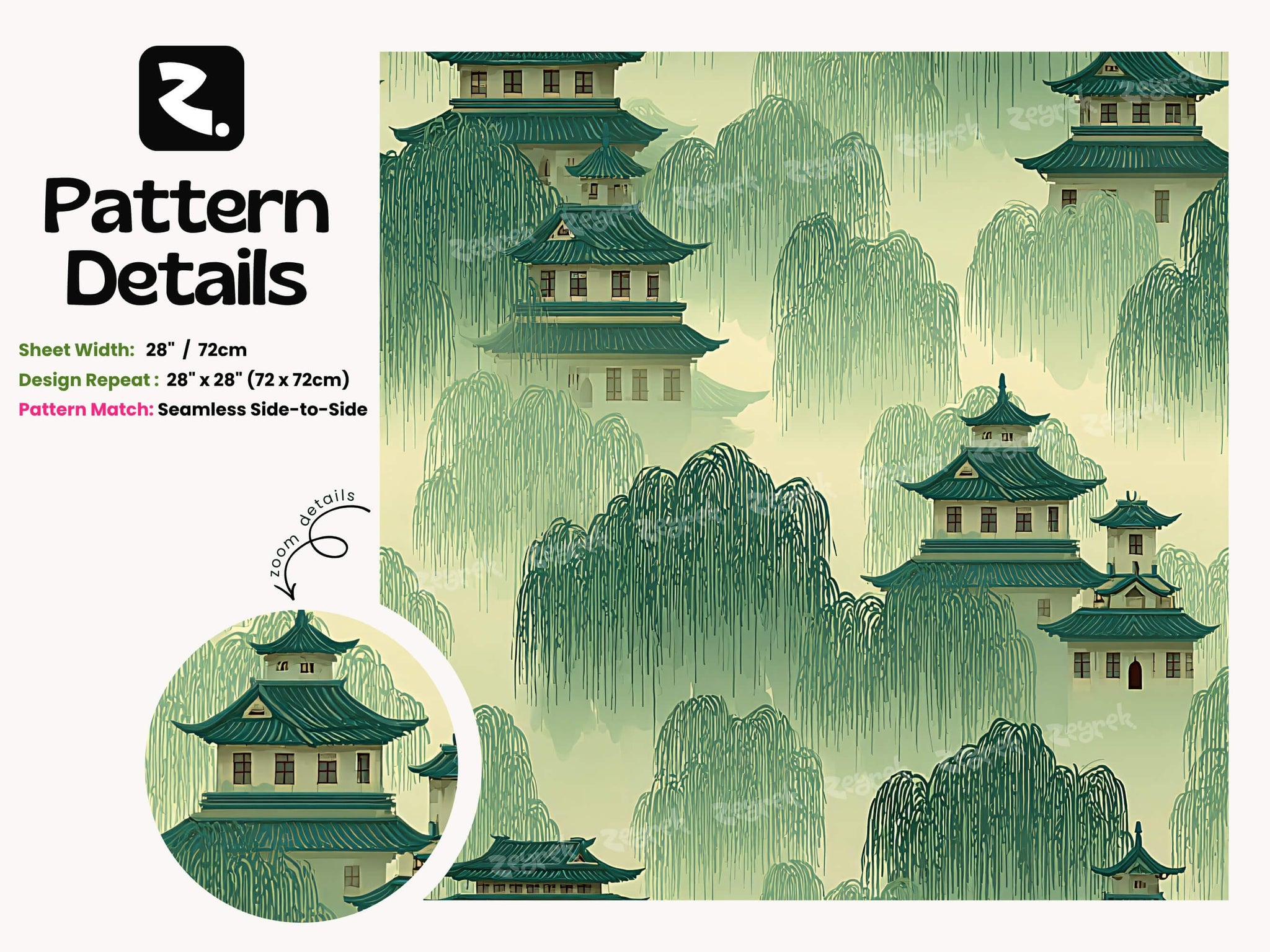 Green Pagoda Willow Peel Stick Wallpaper: Serene Asian Landscape Mural