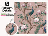 Elegant Pink Chinoiserie Wallpaper Mural with Vintage Peacocks and Spring Blossoms
