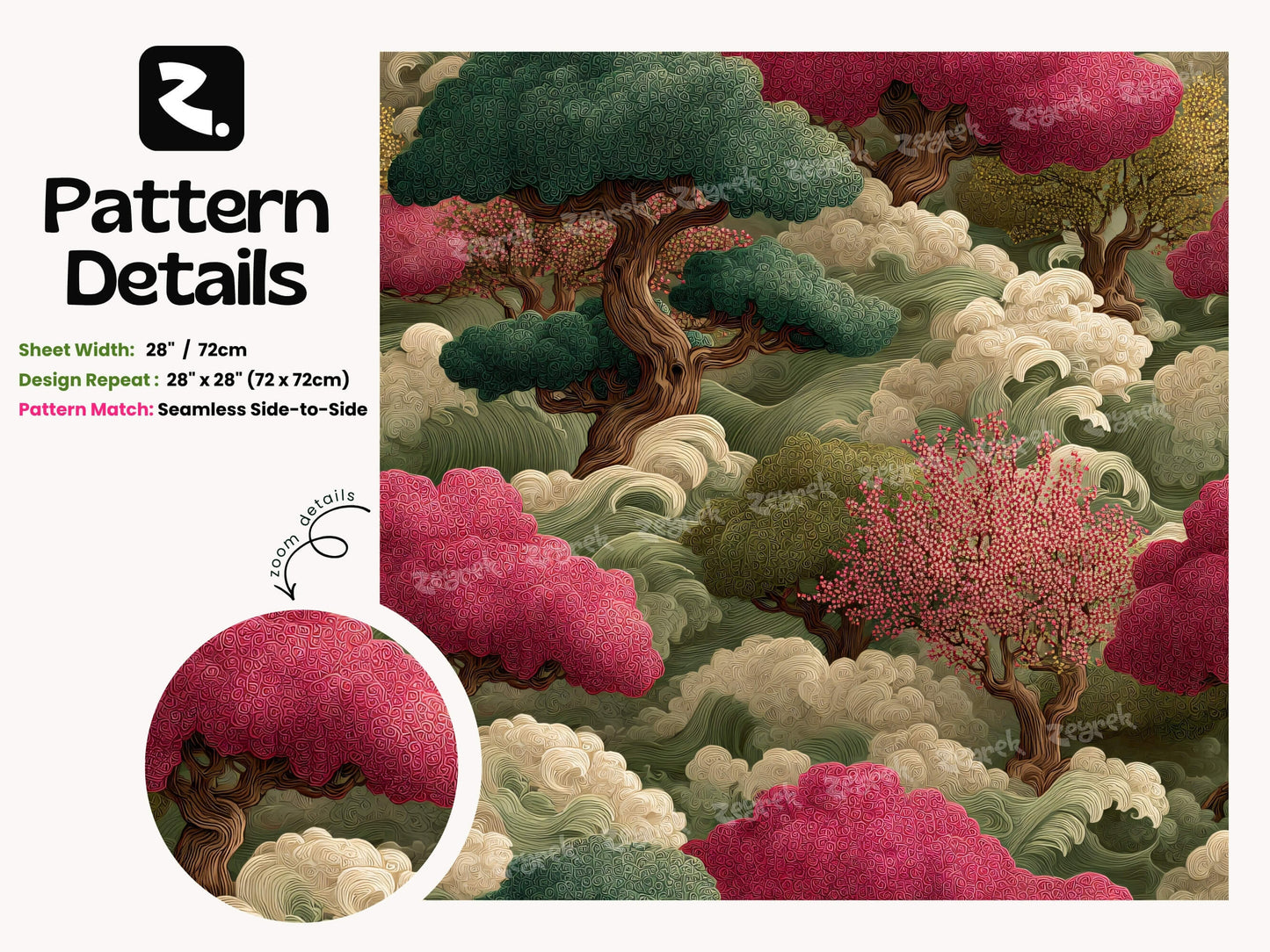 Zen Asian Inspired Living Room Wall Mural featuring Japanese Clouds and Pine Trees
