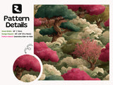 Zen Asian Inspired Living Room Wall Mural featuring Japanese Clouds and Pine Trees