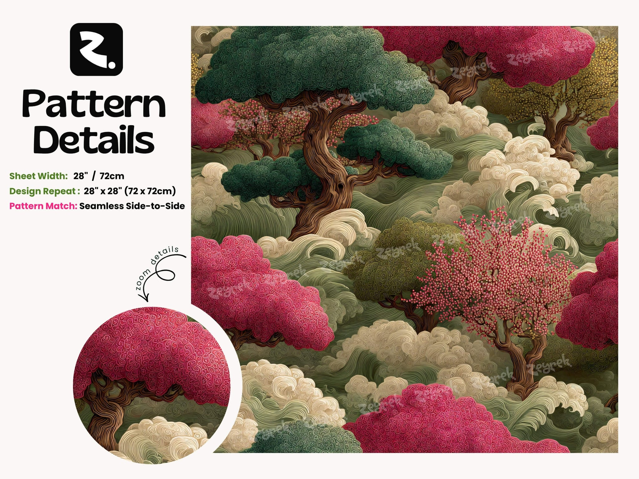 Zen Asian Inspired Living Room Wall Mural featuring Japanese Clouds and Pine Trees