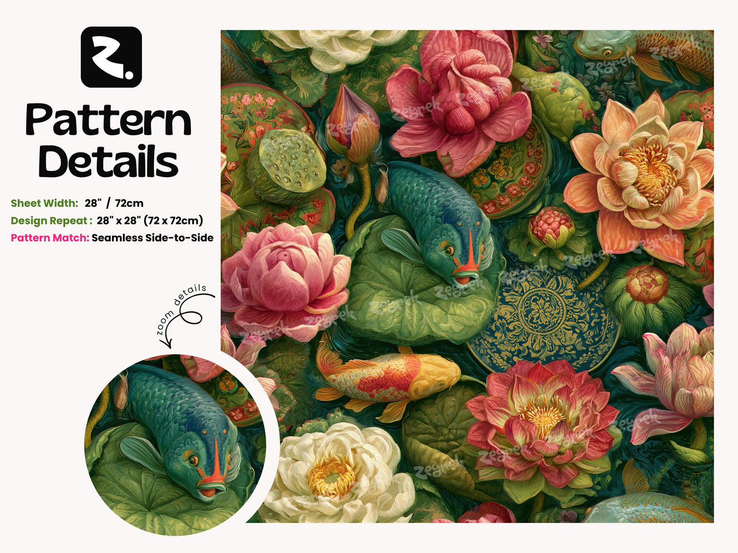 Koi Fish Lotus Wallpaper Mural: Chinoiserie Botanical Peel and Stick Wallpaper