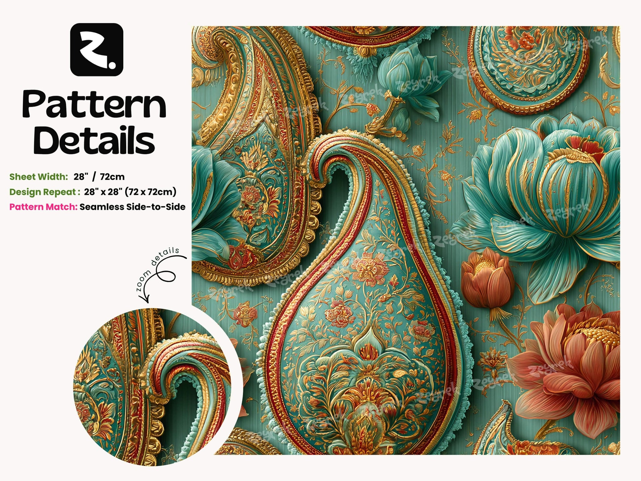 Teal Gold Paisley Wallpaper Mural: Indian Floral Peel and Stick Wallpaper