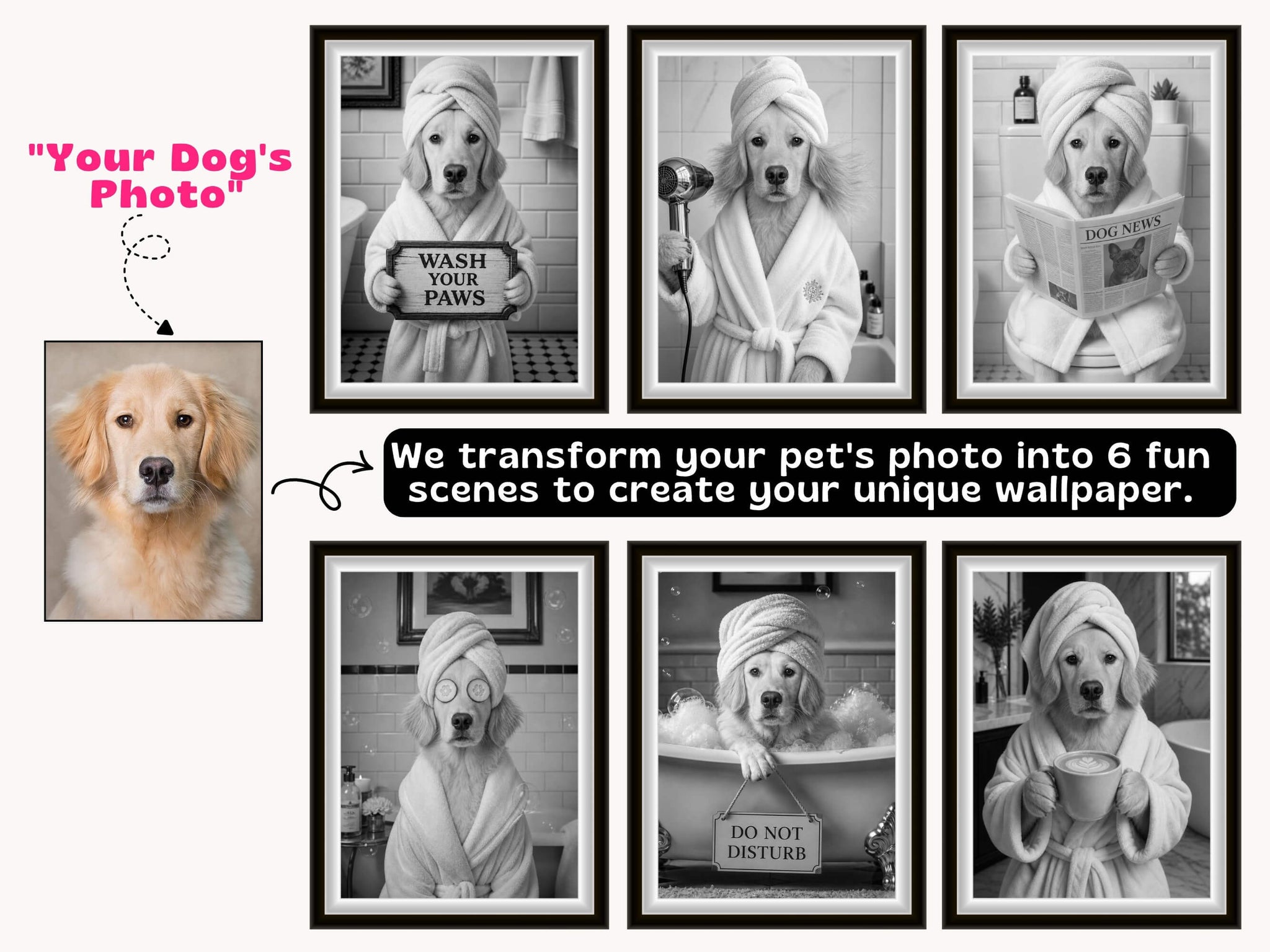 Custom Funny Dog Portrait Peel Stick Wallpaper for Quirky Guest Bathroom Mural