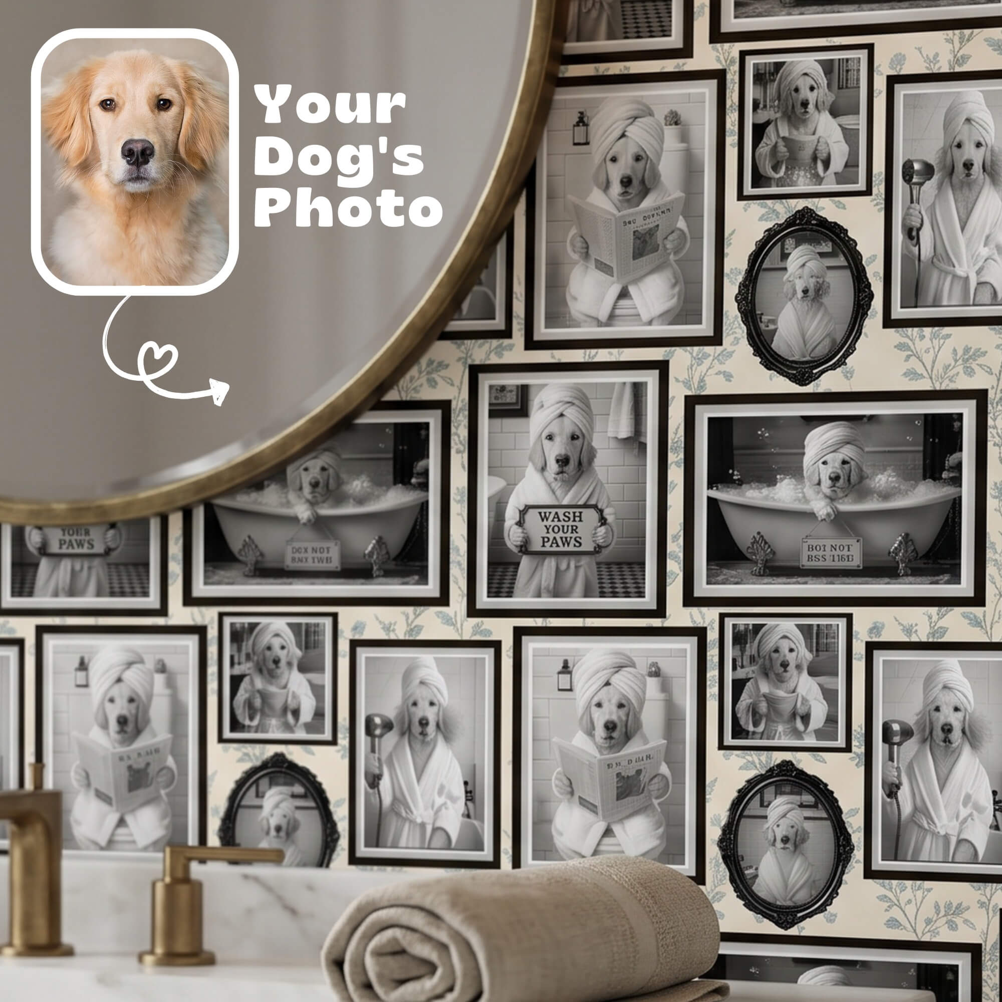 Custom Funny Dog Portrait Peel Stick Wallpaper for Quirky Guest Bathroom Mural