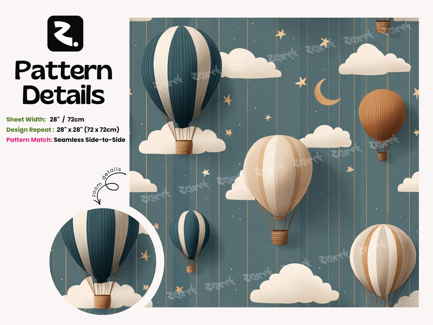 Hot Air Balloon Wallpaper: Whimsical Clouds, Stars, Moon – Nursery Wall Decor