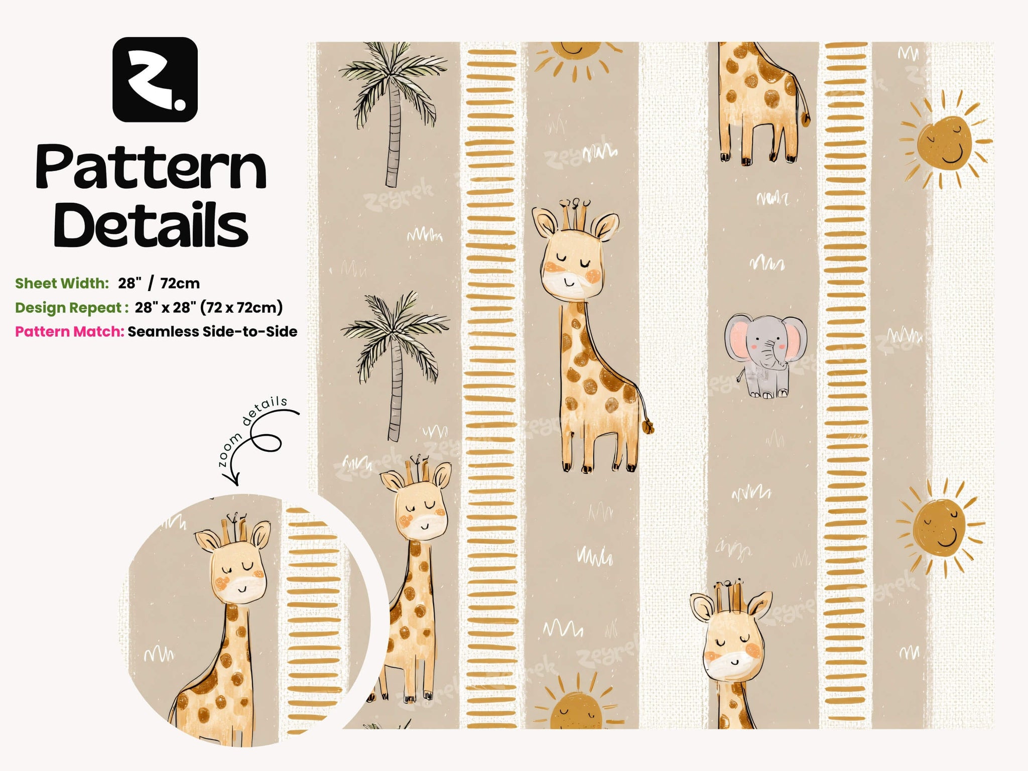 Nursery Safari Wallpaper: Giraffe, Elephant, Palm Tree, Sun – Peel & Stick or Traditional