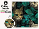 Colorful Cat Portrait Peel and Stick Wallpaper: Dark Teal Botanical Whimsical Animal Wall Mural