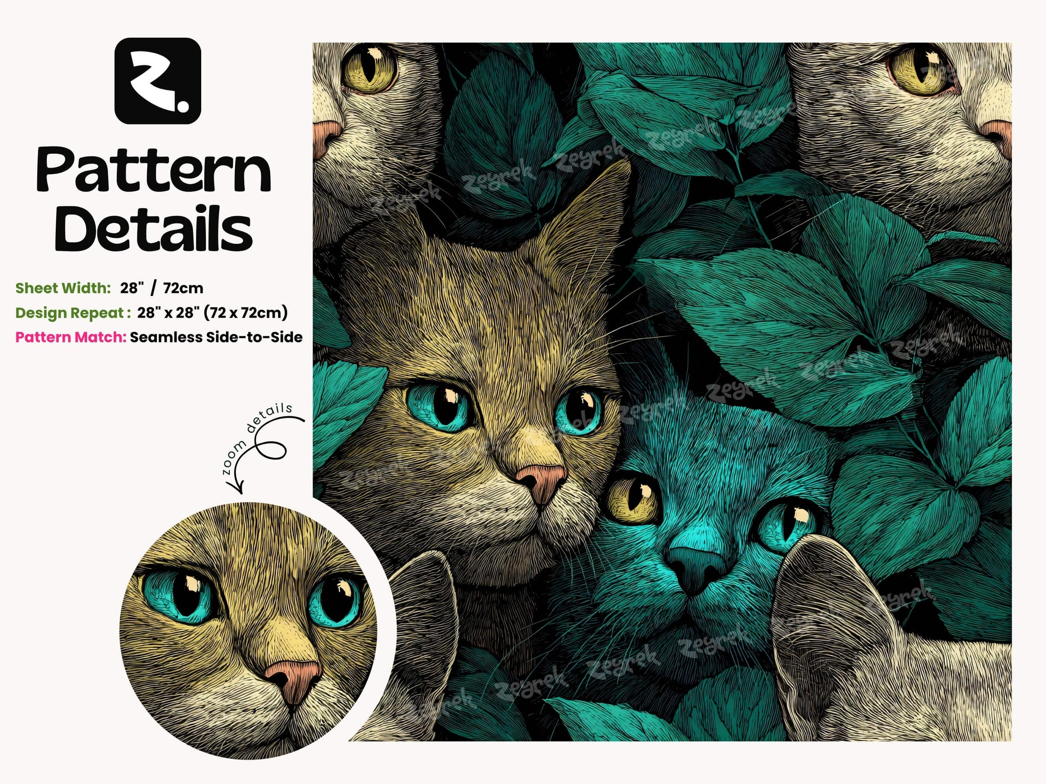 Colorful Cat Portrait Peel and Stick Wallpaper: Dark Teal Botanical Whimsical Animal Wall Mural