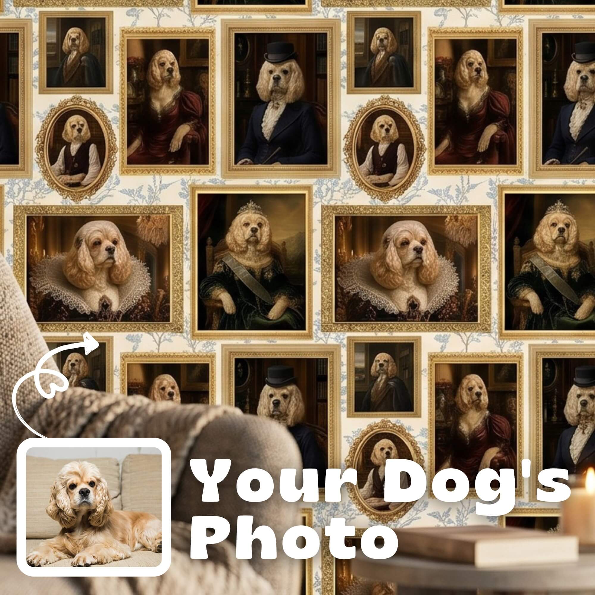 Custom Royal Dog Portrait Peel and Stick Personalized Wallpaper for Funny Vintage Room