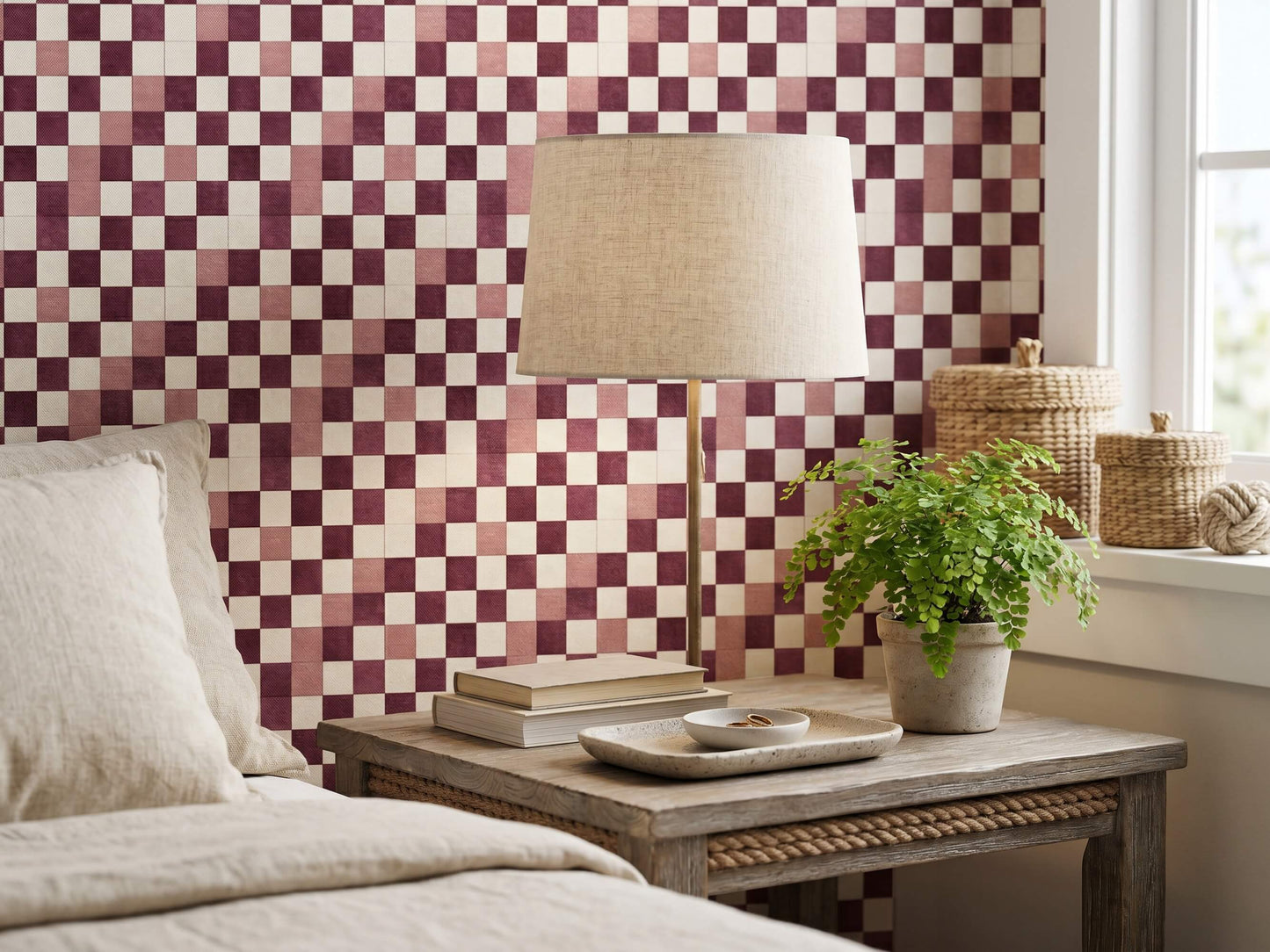 Burgundy Red Checkered Fabric Peel and Stick Wallpaper Classic Retro Kitchen Mural