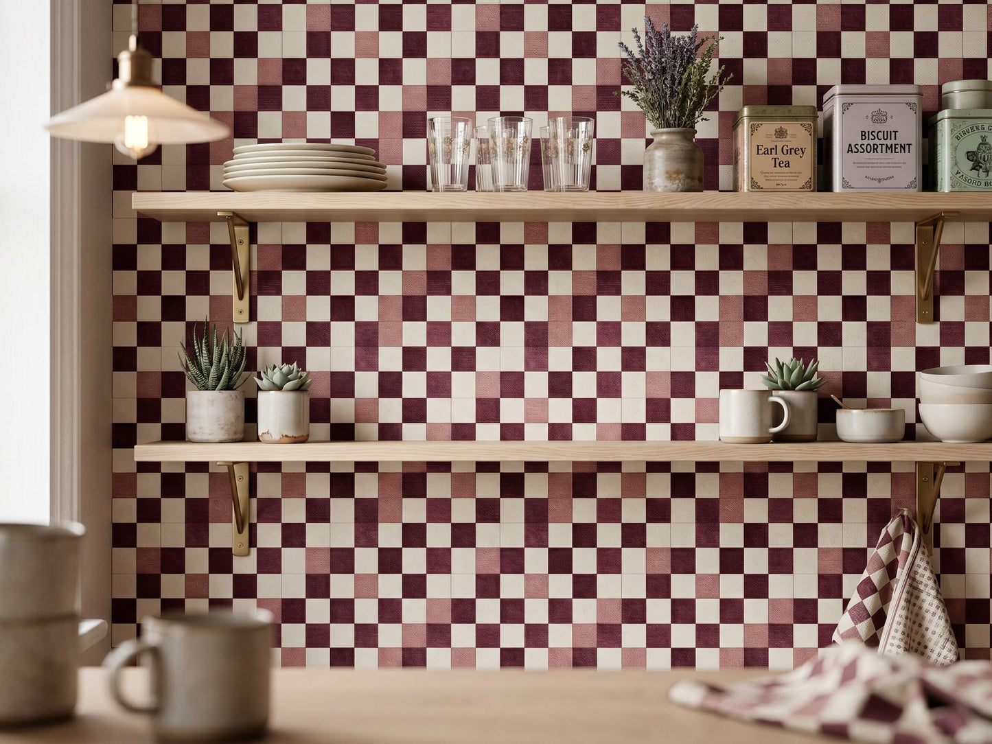 Burgundy Red Checkered Fabric Peel and Stick Wallpaper Classic Retro Kitchen Mural