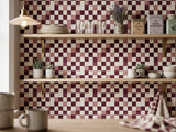 Burgundy Red Checkered Fabric Peel and Stick Wallpaper Classic Retro Kitchen Mural