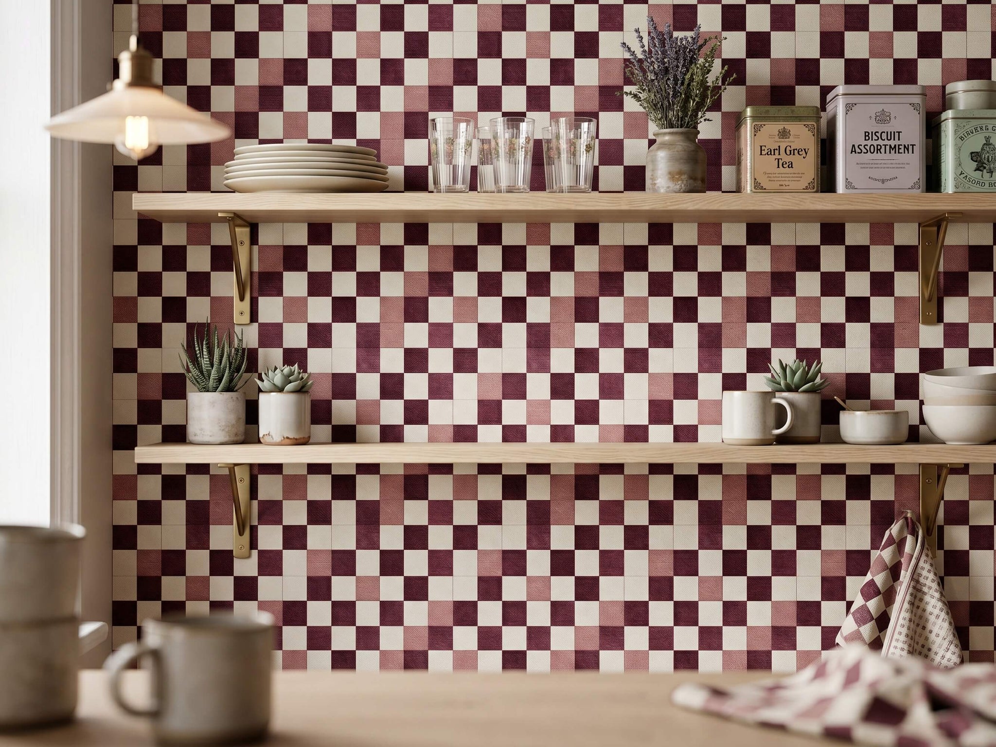 Burgundy Red Checkered Fabric Peel and Stick Wallpaper Classic Retro Kitchen Mural