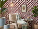 Burgundy Red Checkered Fabric Peel and Stick Wallpaper Classic Retro Kitchen Mural