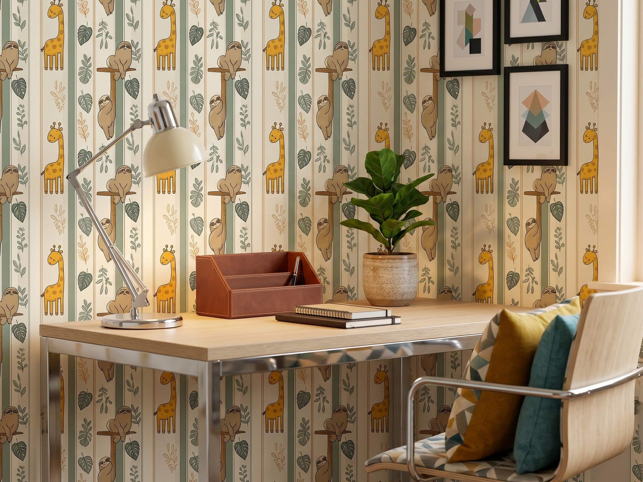 Tropical Sloth and Giraffe Peel and Stick Wallpaper for Jungle Nursery or Kids Room