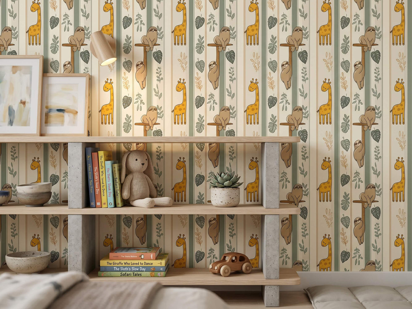 Tropical Sloth and Giraffe Peel and Stick Wallpaper for Jungle Nursery or Kids Room