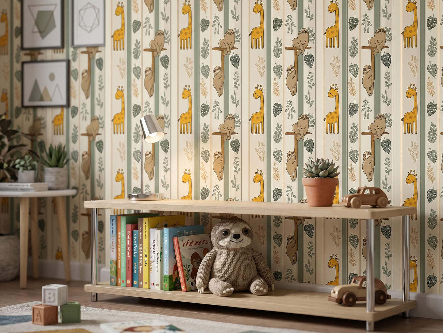 Tropical Sloth and Giraffe Peel and Stick Wallpaper for Jungle Nursery or Kids Room