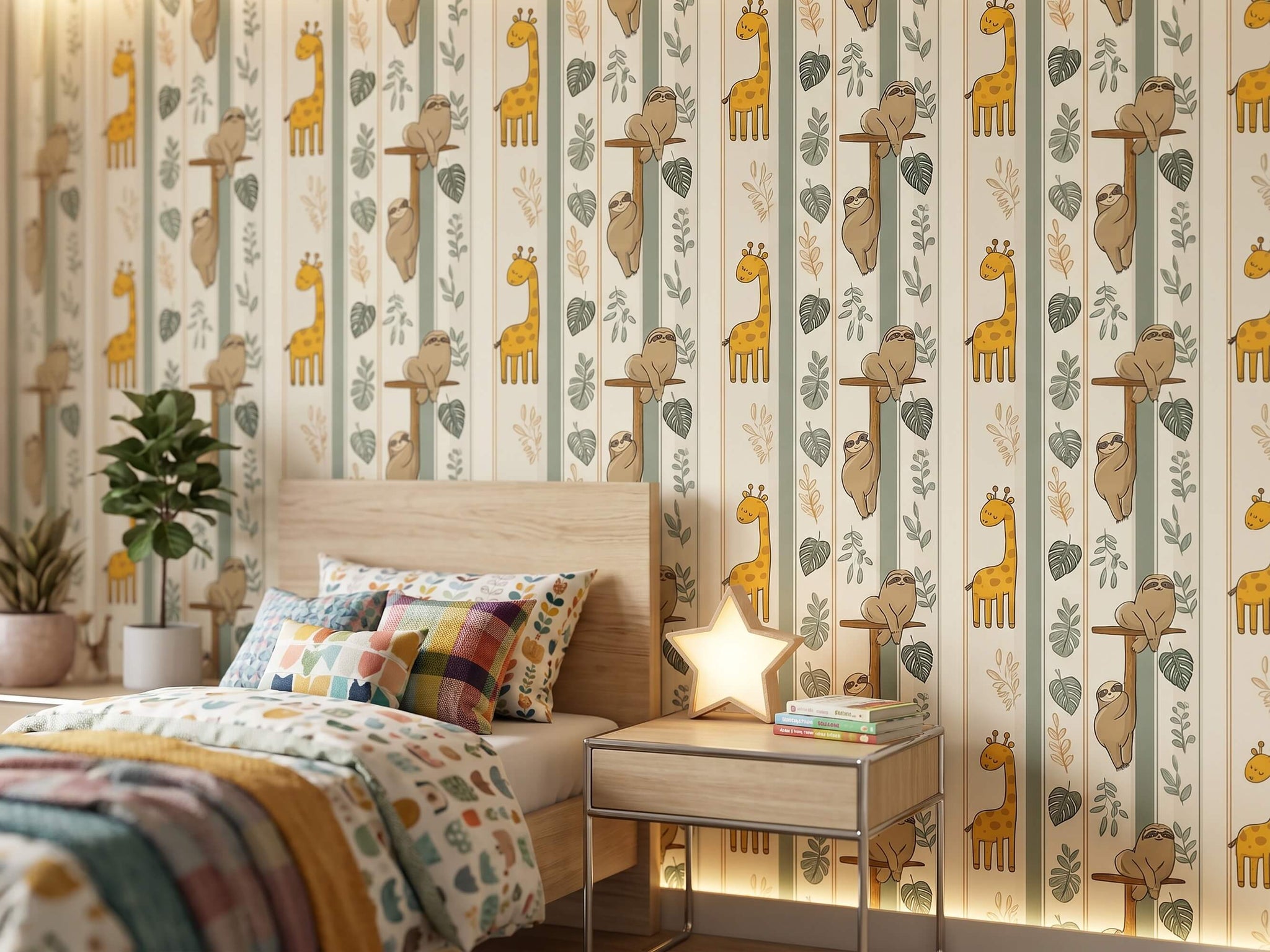 Tropical Sloth and Giraffe Peel and Stick Wallpaper for Jungle Nursery or Kids Room