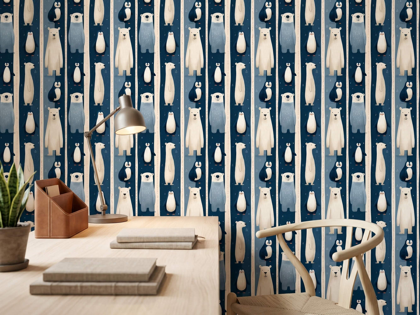 Navy Blue Arctic Animal Peel and Stick Wallpaper for Winter Theme Kids Playroom Mural