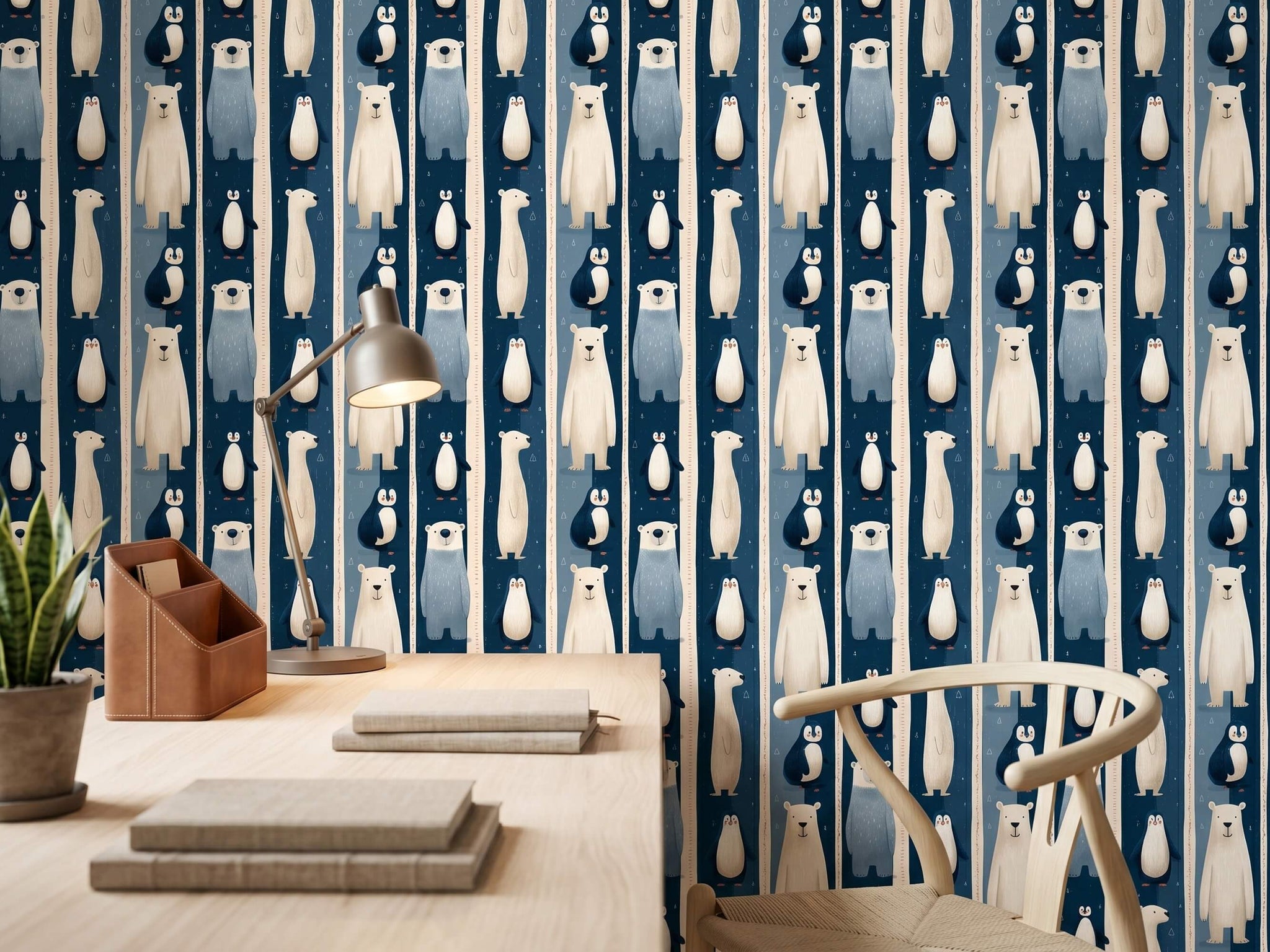 Navy Blue Arctic Animal Peel and Stick Wallpaper for Winter Theme Kids Playroom Mural