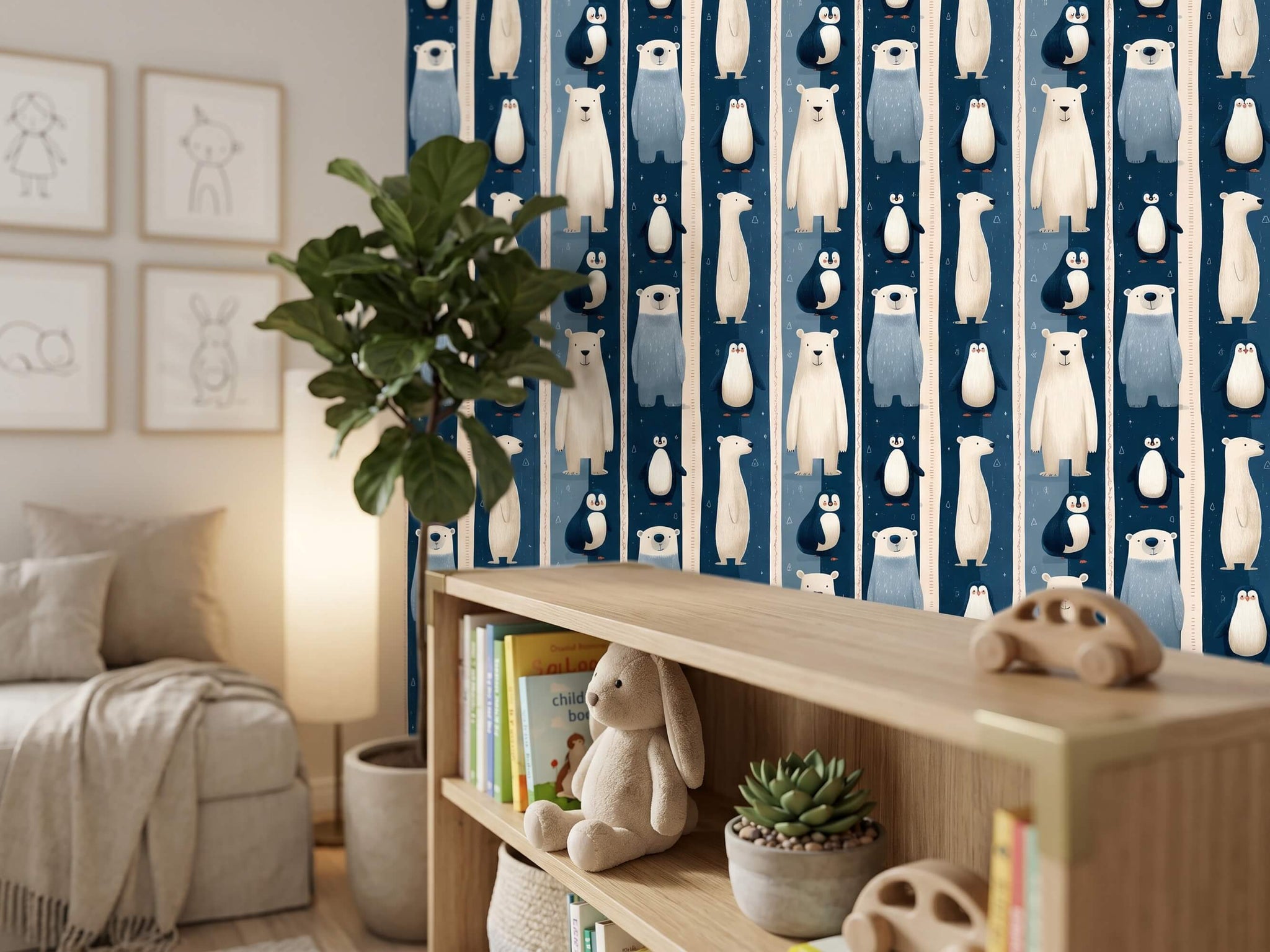 Navy Blue Arctic Animal Peel and Stick Wallpaper for Winter Theme Kids Playroom Mural