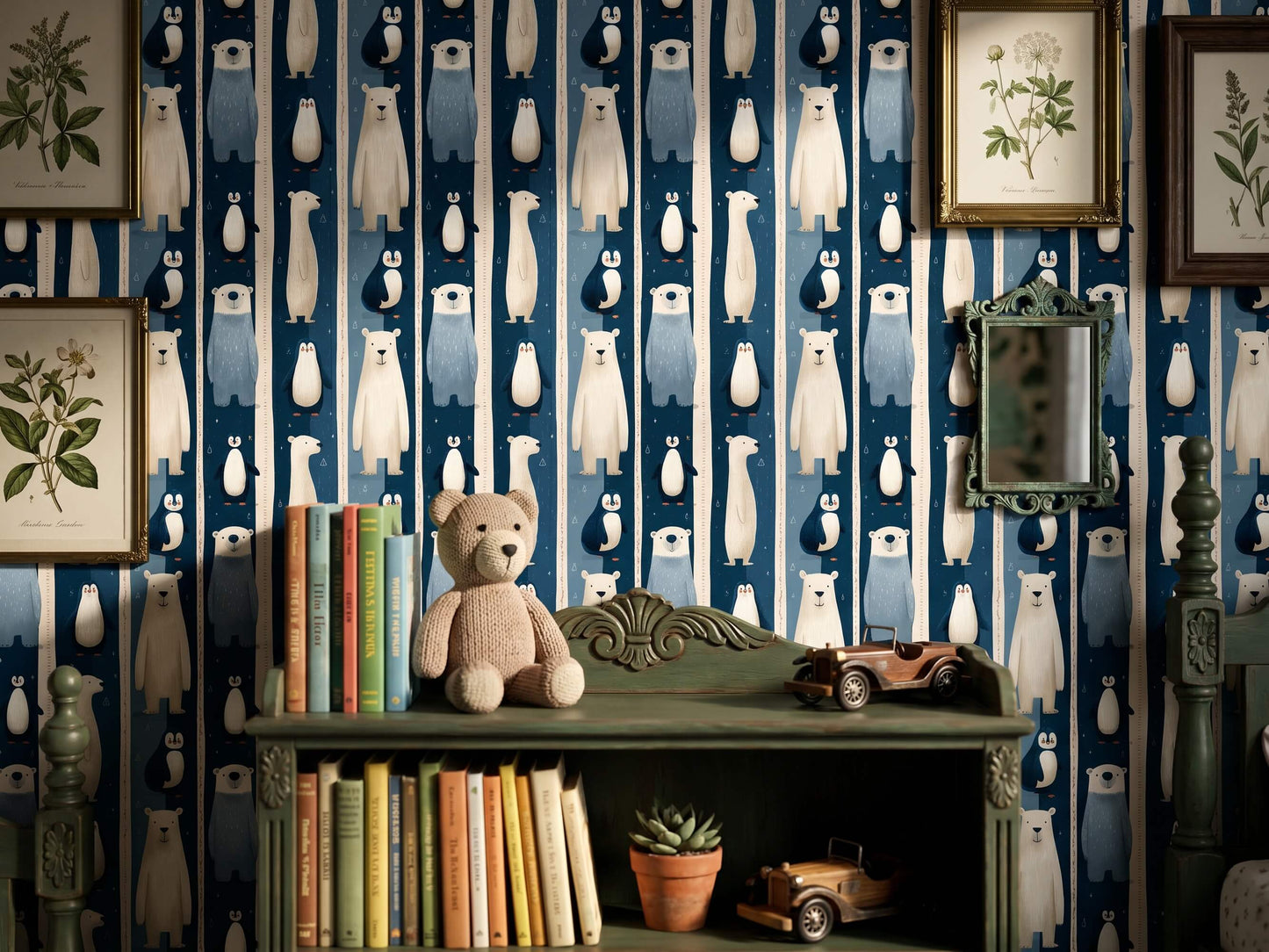 Navy Blue Arctic Animal Peel and Stick Wallpaper for Winter Theme Kids Playroom Mural