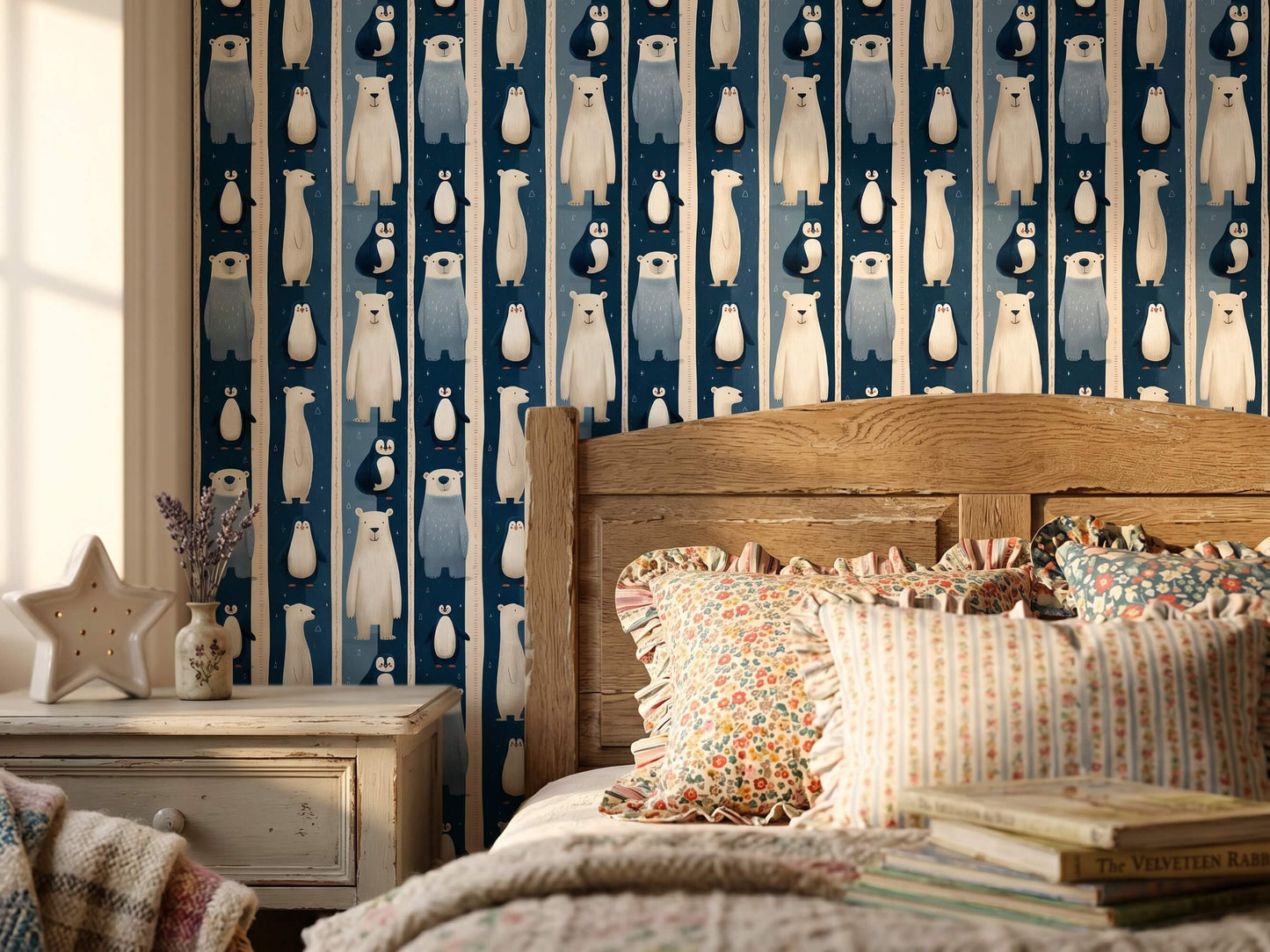 Navy Blue Arctic Animal Peel and Stick Wallpaper for Winter Theme Kids Playroom Mural