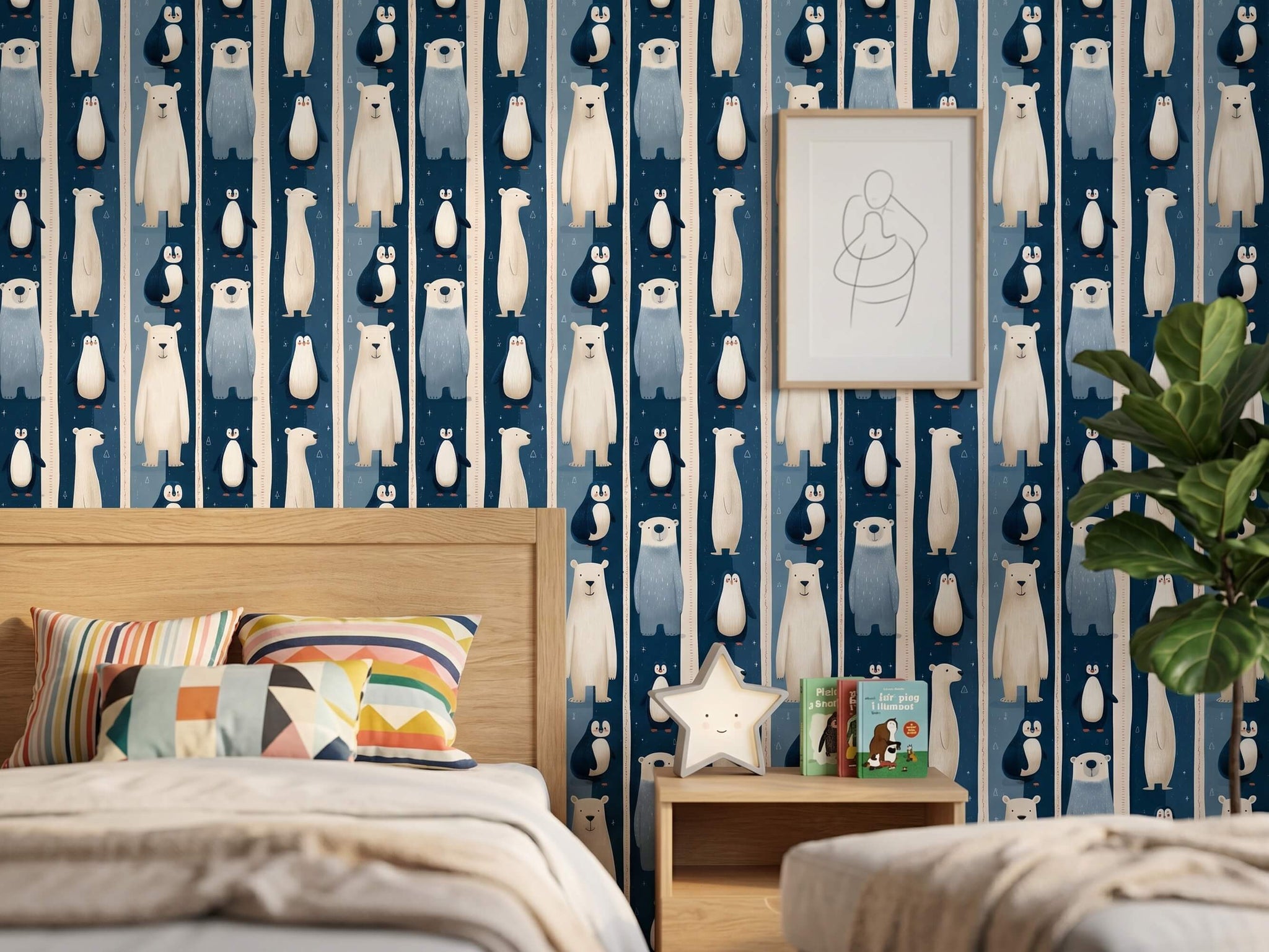 Navy Blue Arctic Animal Peel and Stick Wallpaper for Winter Theme Kids Playroom Mural
