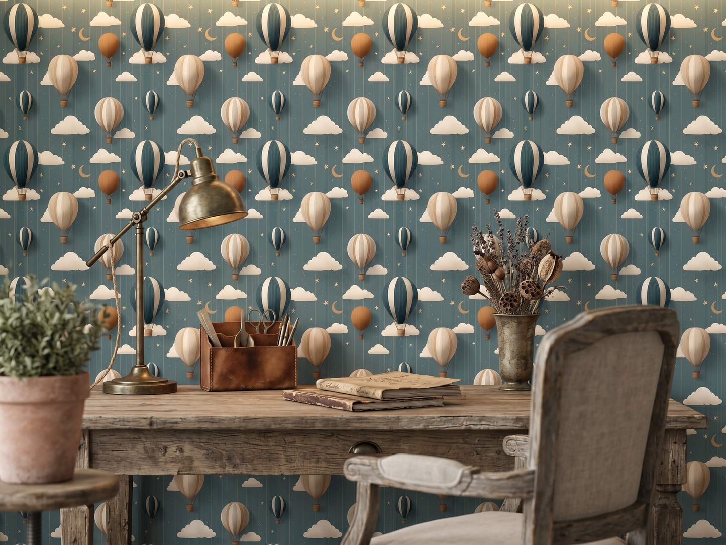 Hot Air Balloon Wallpaper: Whimsical Clouds, Stars, Moon – Nursery Wall Decor