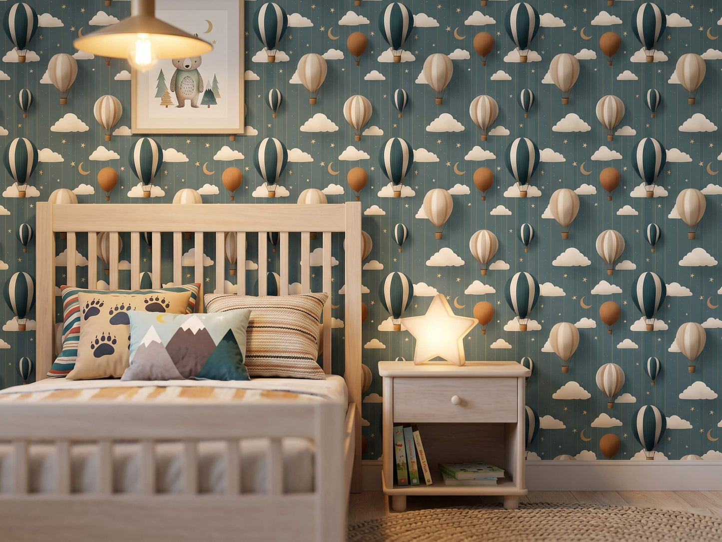 Hot Air Balloon Wallpaper: Whimsical Clouds, Stars, Moon – Nursery Wall Decor