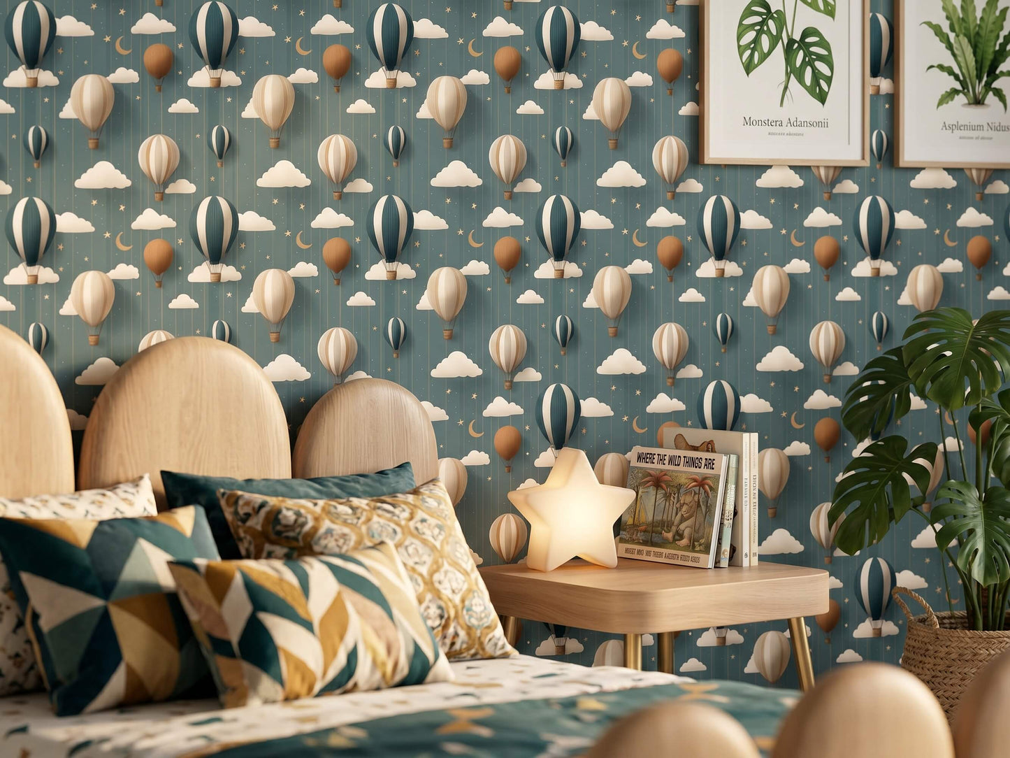 Hot Air Balloon Wallpaper: Whimsical Clouds, Stars, Moon – Nursery Wall Decor