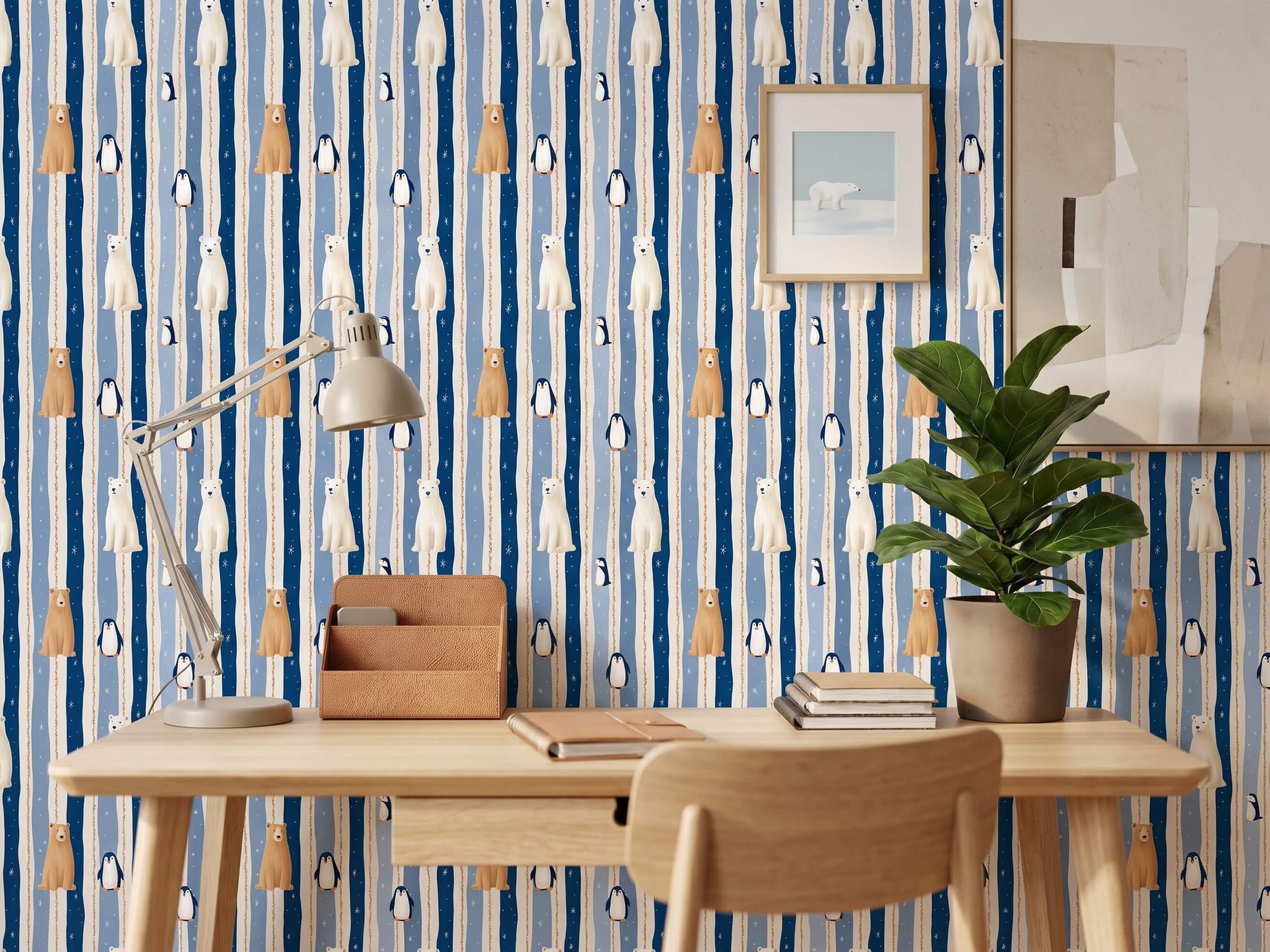 Winter Woodland Animal Peel and Stick Wallpaper for Blue Striped Kids Playroom Mural