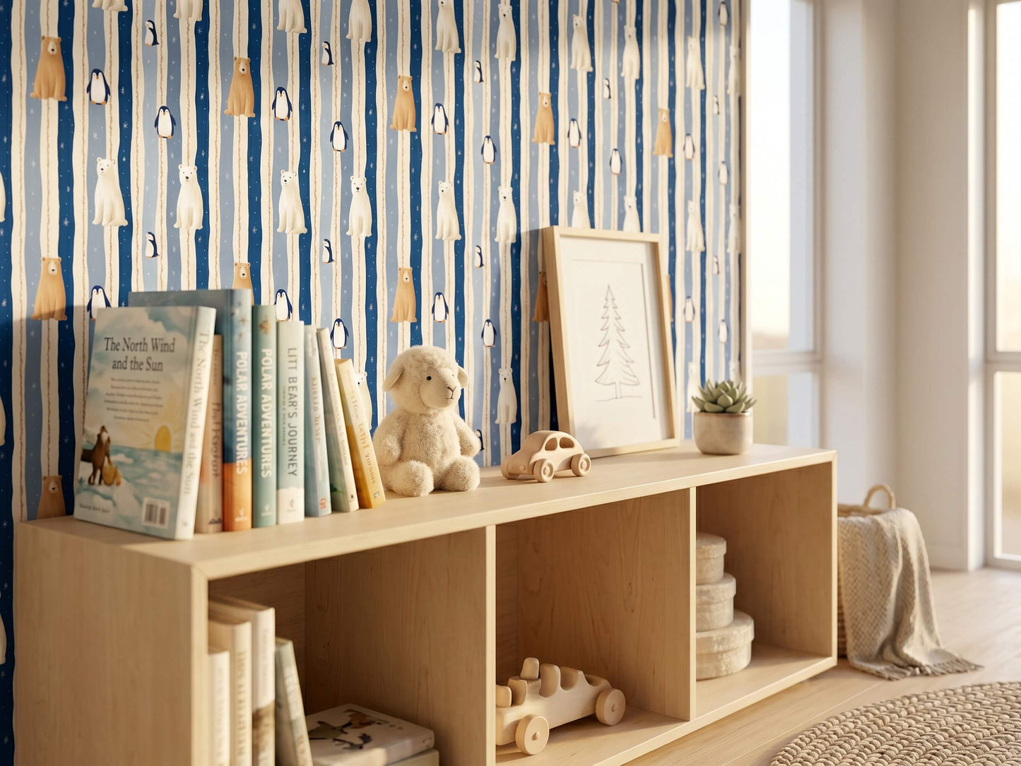 Winter Woodland Animal Peel and Stick Wallpaper for Blue Striped Kids Playroom Mural
