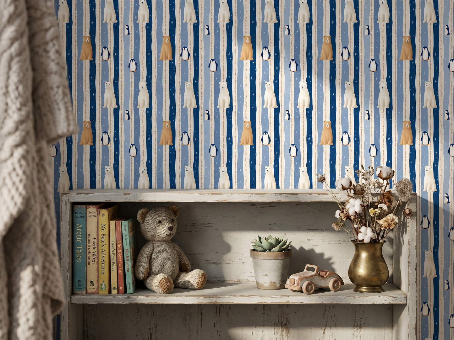 Winter Woodland Animal Peel and Stick Wallpaper for Blue Striped Kids Playroom Mural