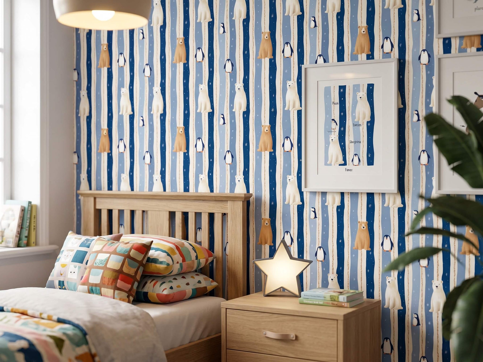 Winter Woodland Animal Peel and Stick Wallpaper for Blue Striped Kids Playroom Mural