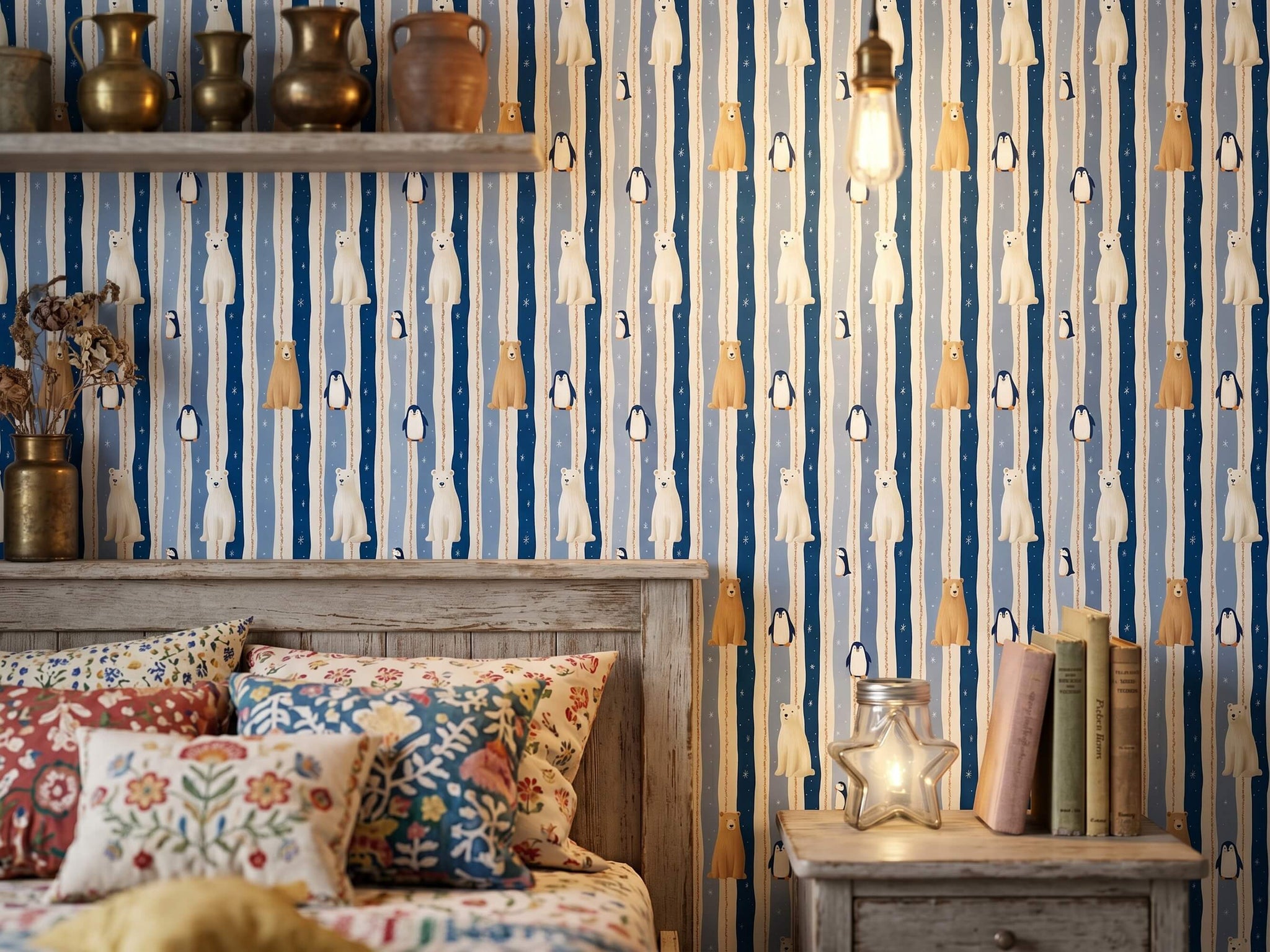 Winter Woodland Animal Peel and Stick Wallpaper for Blue Striped Kids Playroom Mural