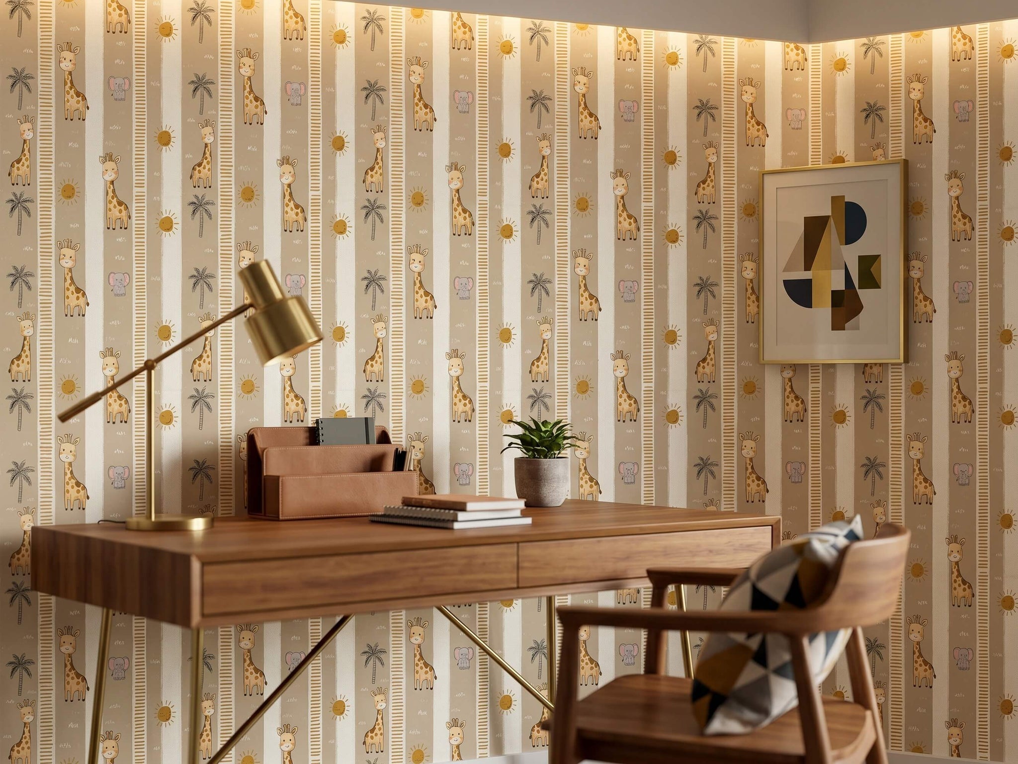 Nursery Safari Wallpaper: Giraffe, Elephant, Palm Tree, Sun – Peel & Stick or Traditional