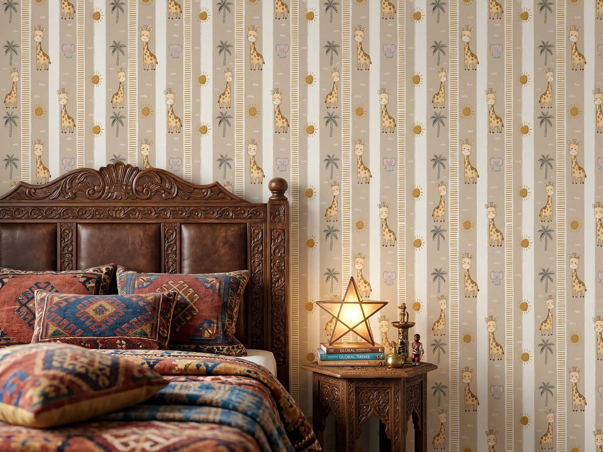 Nursery Safari Wallpaper: Giraffe, Elephant, Palm Tree, Sun – Peel & Stick or Traditional
