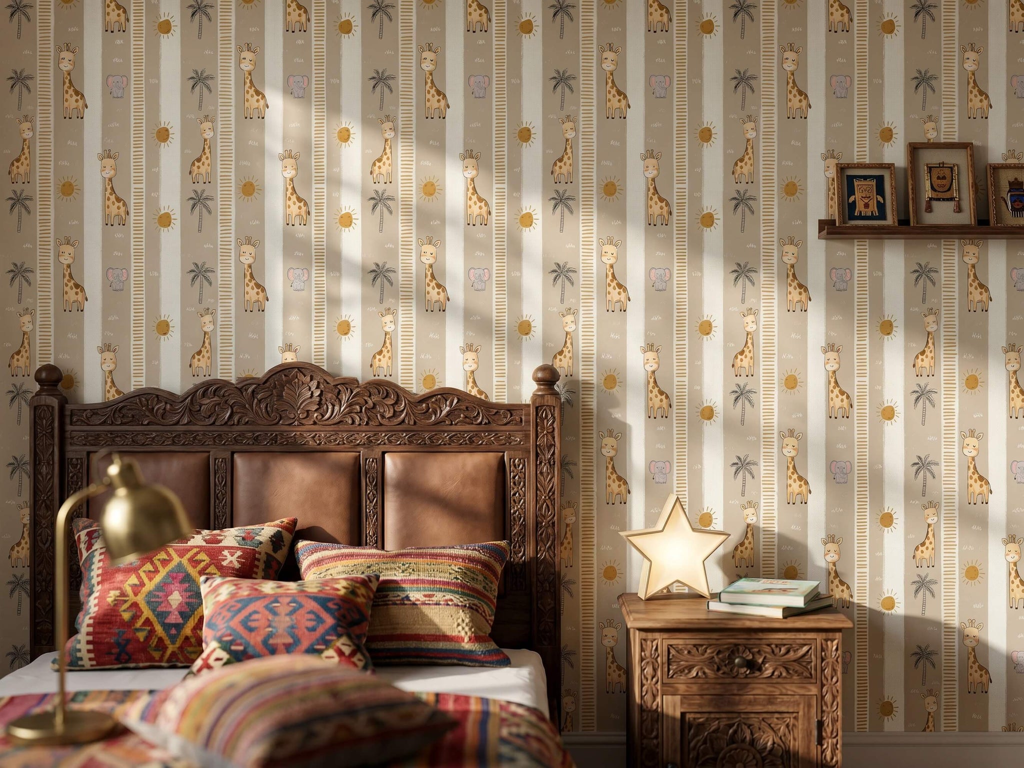 Nursery Safari Wallpaper: Giraffe, Elephant, Palm Tree, Sun – Peel & Stick or Traditional