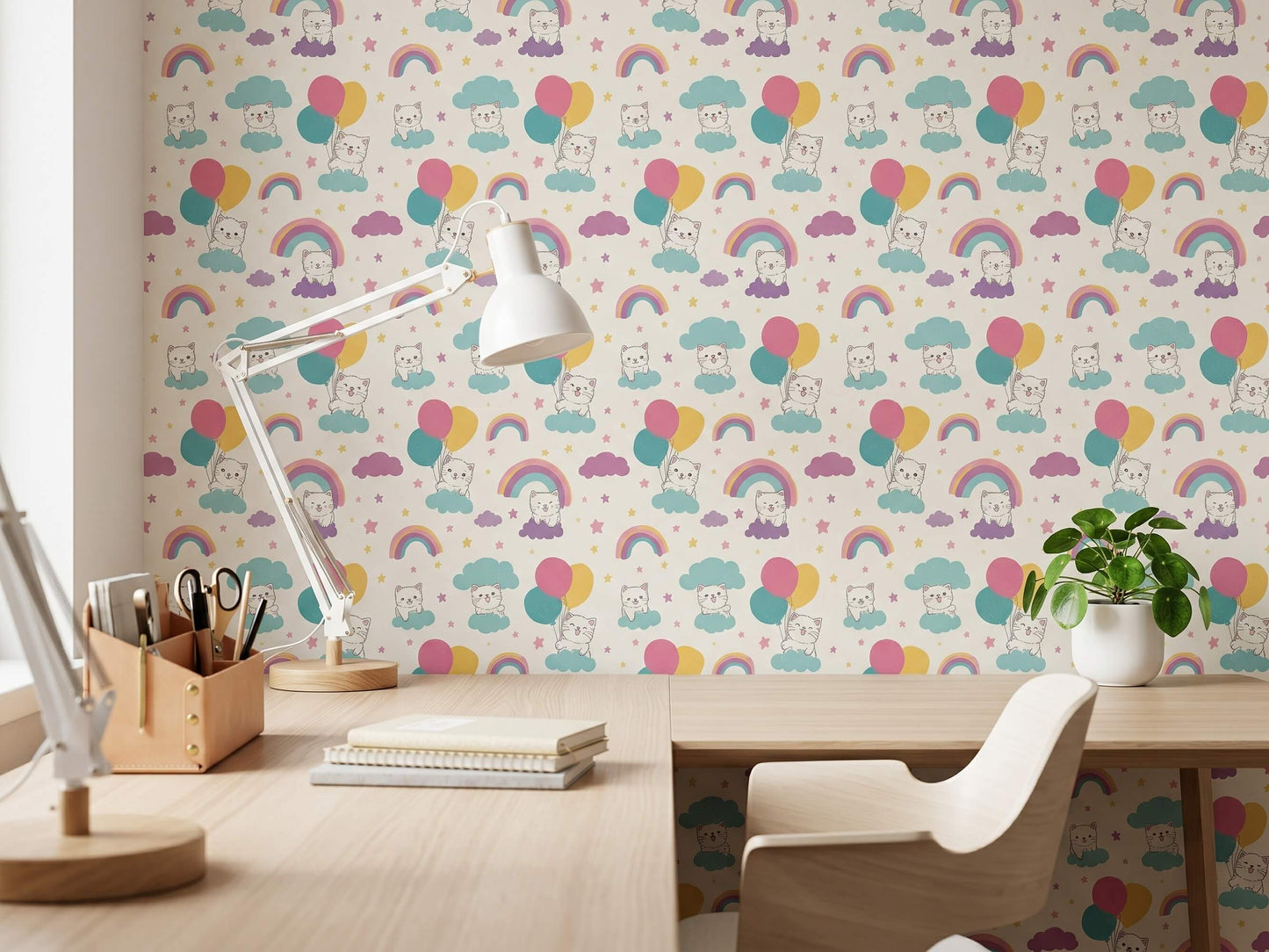 Cat Rainbow and Balloon Peel and Stick Wallpaper for Pastel Kids Room Mural