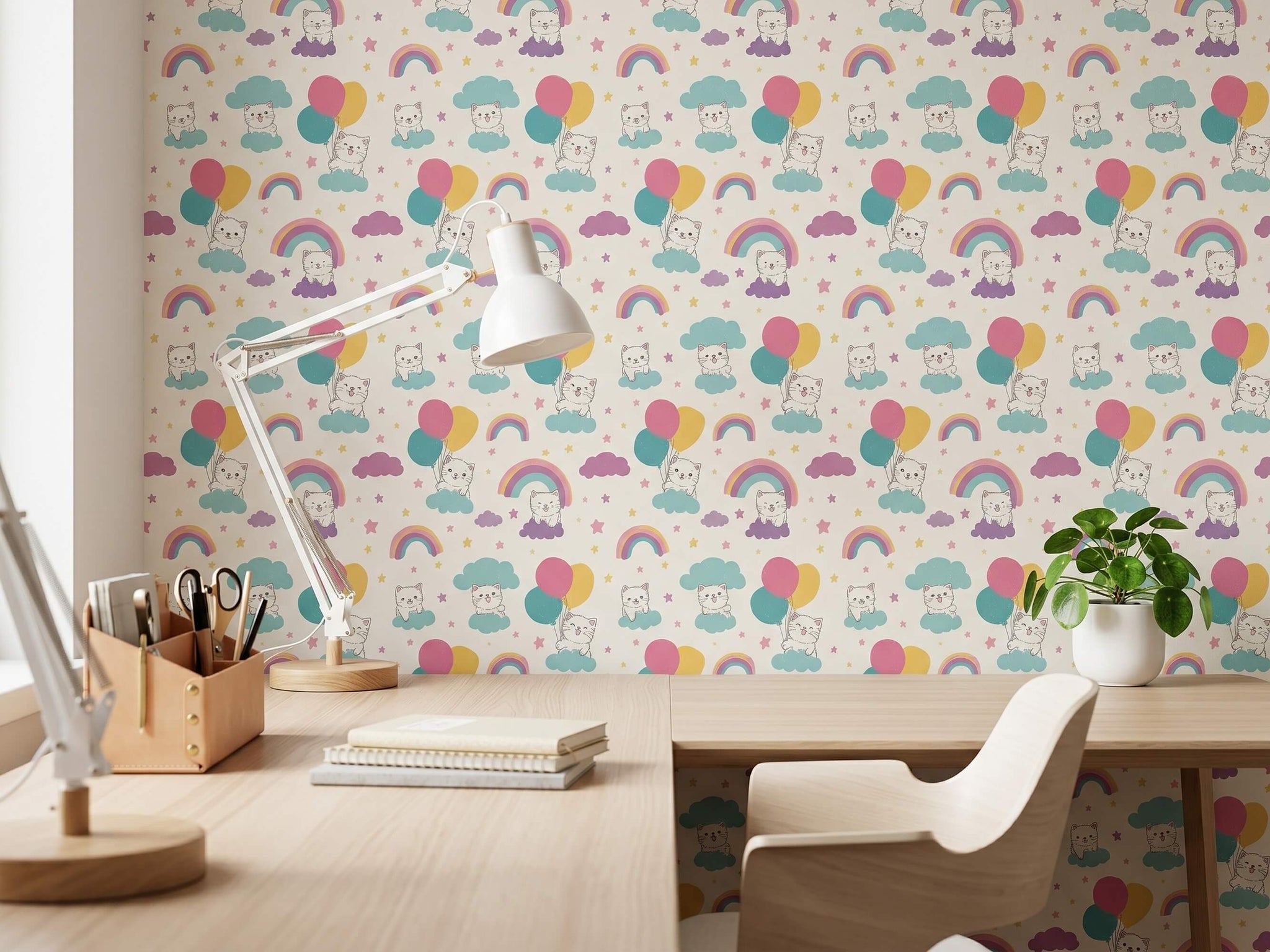 Cat Rainbow and Balloon Peel and Stick Wallpaper for Pastel Kids Room Mural