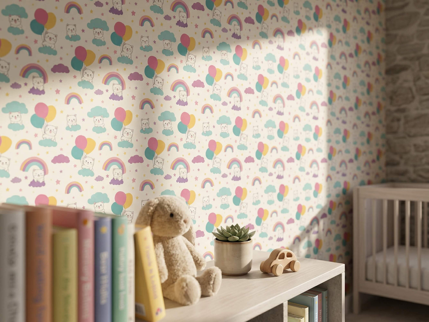 Cat Rainbow and Balloon Peel and Stick Wallpaper for Pastel Kids Room Mural
