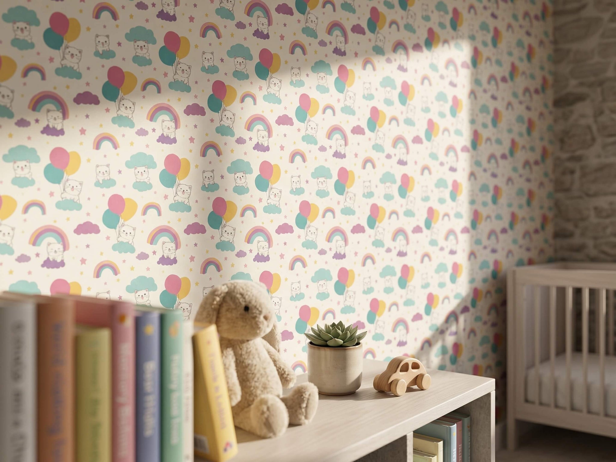 Cat Rainbow and Balloon Peel and Stick Wallpaper for Pastel Kids Room Mural