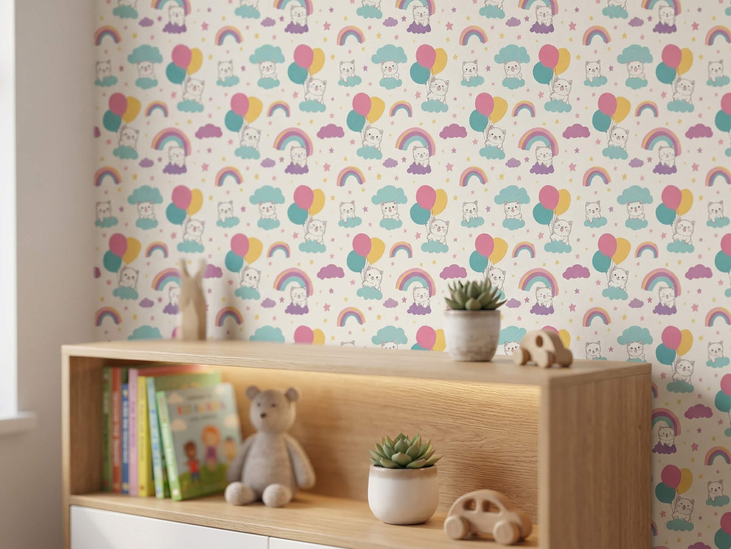Cat Rainbow and Balloon Peel and Stick Wallpaper for Pastel Kids Room Mural