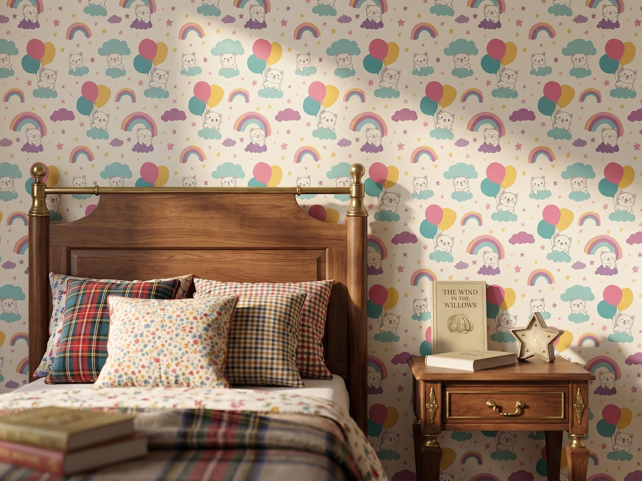 Cat Rainbow and Balloon Peel and Stick Wallpaper for Pastel Kids Room Mural
