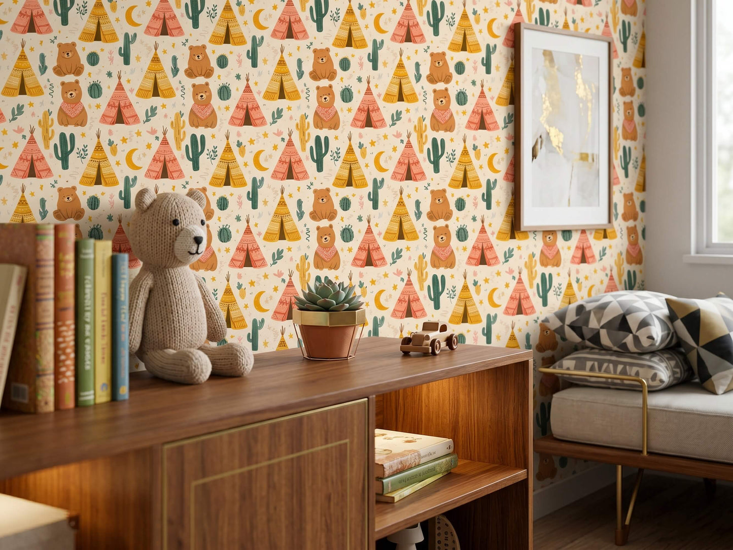 Boho Bear Teepee and Cactus Peel and Stick Wallpaper for Woodland Kids Room Mural