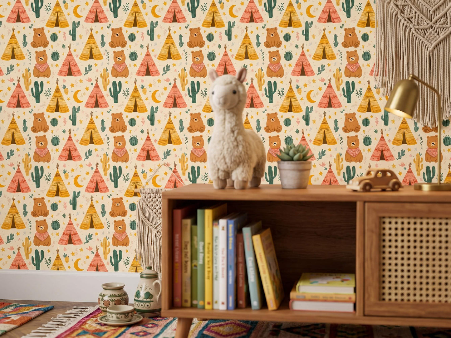 Boho Bear Teepee and Cactus Peel and Stick Wallpaper for Woodland Kids Room Mural