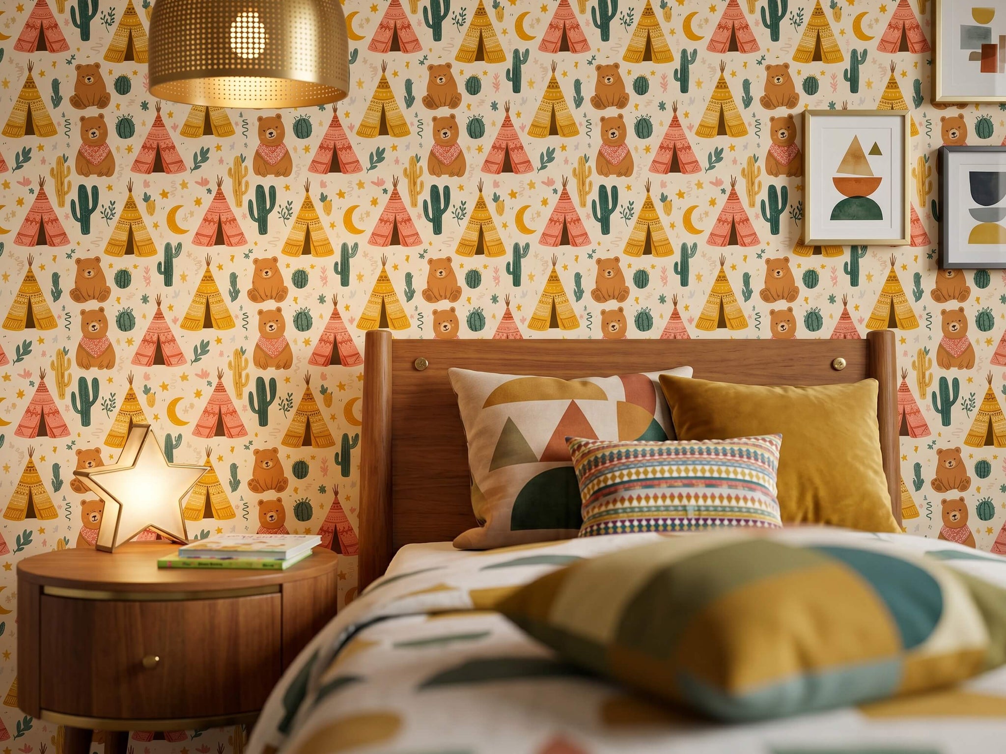 Boho Bear Teepee and Cactus Peel and Stick Wallpaper for Woodland Kids Room Mural
